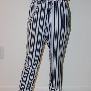 Zara striped navy and white paperbag pants